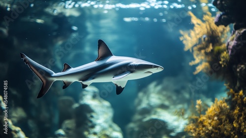 Lone shark in a perfectly lit aquarium, no movement, symbolic stagnation in life generative ai