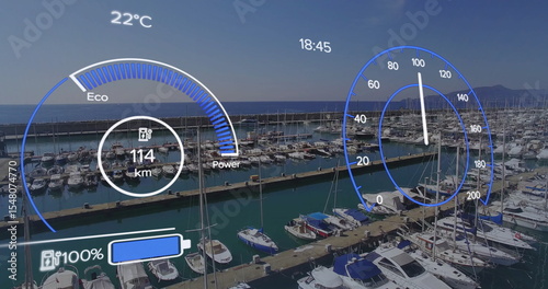 Displaying digital HUD showing speedometer, range, battery bar over marina docks, with boats