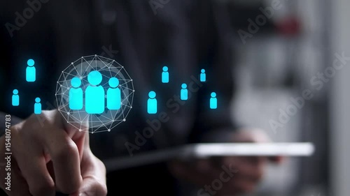 HR, Human resources recruitment management concept. Relationship management with global structure, employment, human social network and leadership. 