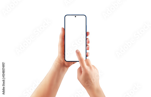 Isolated, transparent female hands holding and tapping smartphone with blank screen. Ideal for mobile app mockup, UX design, or UI preview
