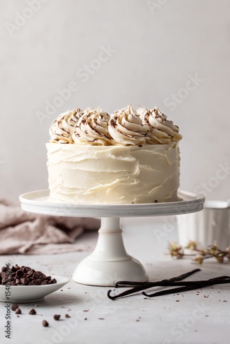Delicious Cake With Creamy Frosting and Chocolate Sprinkles Served on a White Cake Stand
