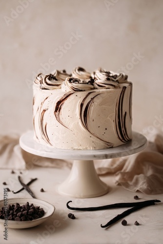 Delicious Cake With Creamy Frosting and Chocolate Sprinkles Served on a White Cake Stand.
