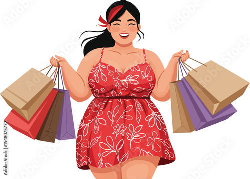 Illustration of a white fat smiling woman wearing short red dress with white floral prints, holding shopping bags, isolated on white background