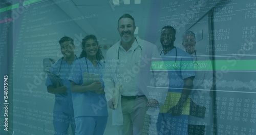 Standing physician in white coat holding patient files in corridor with nurses and code overlay