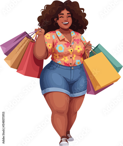 Illustration of a fat cheerful black lady with denim shorts and a colourful short blouse with floral patterns, holding shopping bags, isolated on white background