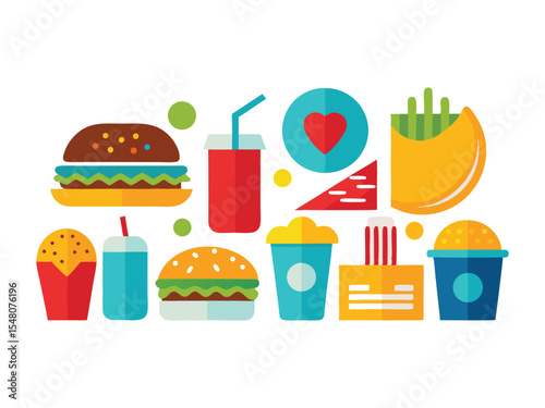 Collection of colorful flat design fast food icons including burgers fries drinks and popcorn isolated on white background
