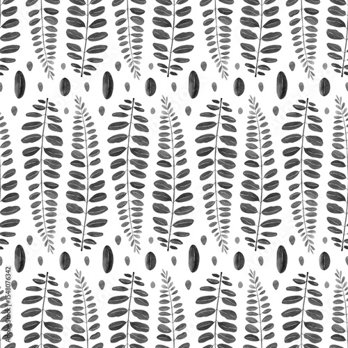 Acacia leaves background. Seamless watercolor pattern with black and white botanical illustration with tropical leaf for textile, wallpapers