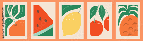 Set botanical hand drawn orange fruit with green leaves on beige background. Vector illustration.
