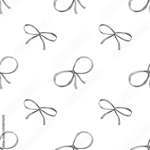 Bow watercolor background. Seamless hand drawn pattern with cute black and white bow illustration for children textile, wallpapers, valentines day wrapping paper