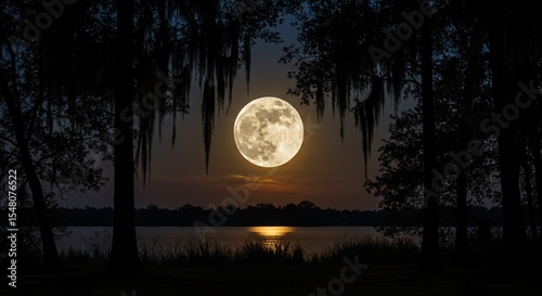 Full Moon Silhouetted by Trees Over Still Water at Dusk
