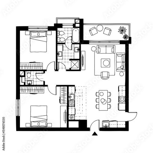 Architectural plan icons of a house in top view. Floor plan with furniture.