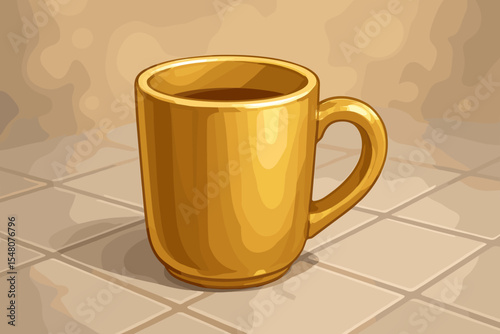 Shiny gold coffee mug on a modern tiled kitchen counter. Elegant ceramic cup with a hot beverage. Vector illustration for a cozy morning, cafe menu, or coffee break concept.