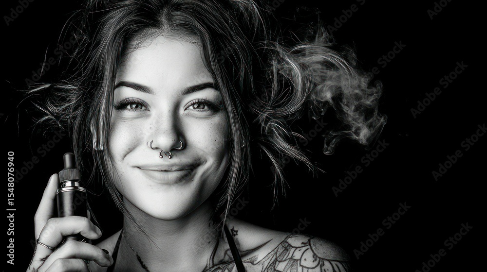 Fototapeta premium A woman with piercings smiles while holding a vape pen with smoke. The black and white shot creates a dramatic effect.