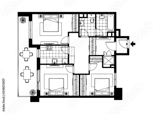 Architectural plan icons of a house in top view. Floor plan with furniture.