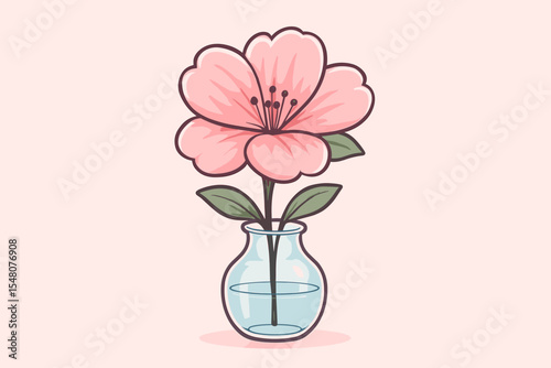 Cute cartoon illustration of a single pink cherry blossom in a small glass vase. Vector floral art with a simple sakura flower for spring decoration, greeting card, or romantic design.