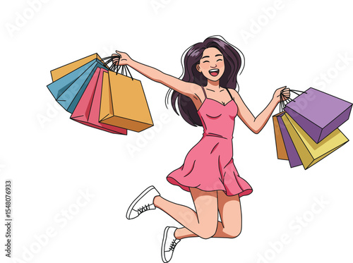 Illustration of a happy girl with pink short dress jumping with shopping bags, isolated on white background