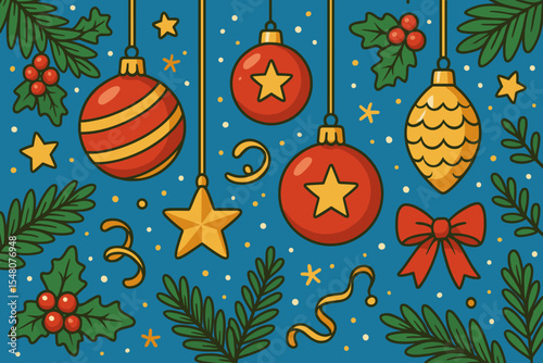 Festive Christmas holiday pattern with retro decorations on a blue background. Vector seamless backdrop with cartoon ornaments, baubles, stars, holly, fir branches, and a bow.