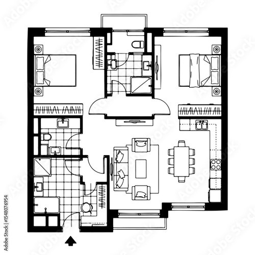 Architectural plan icons of a house in top view. Floor plan with furniture.