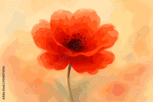 Red poppy flower watercolor painting on a soft blurred background. Abstract floral art illustration. Ethereal and delicate single bloom with a painterly effect. Beautiful botany design.