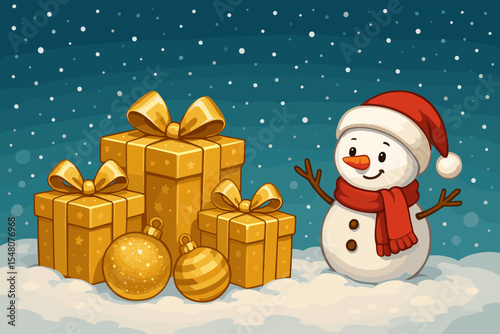 Christmas holiday background with a cute snowman character in a Santa hat and scarf. Golden gift boxes and shimmering baubles on a snowy ground. Festive winter vector cartoon illustration.