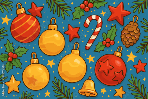 Festive Christmas seamless pattern. Cartoon vector background with holiday ornaments, baubles, stars, candy cane, holly, pine cone and bell. Winter illustration for decoration.