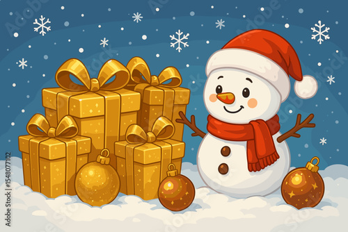 Cute cartoon snowman in a Santa hat with golden gift boxes and festive baubles on a snowy winter background. Christmas and New Year holiday vector illustration with presents and snowflakes.