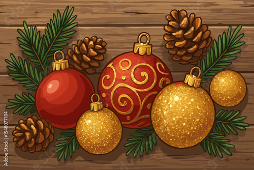 Christmas holiday background with festive red and gold glitter ornaments. Flat lay vector illustration with fir branches and pine cones on a rustic weathered wood texture.