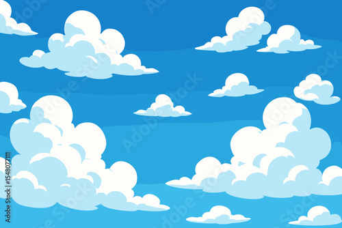 Cartoon blue sky with fluffy white clouds background. Vector illustration of a beautiful summer day. Serene and peaceful weather scene. Nature landscape in a simple anime style.