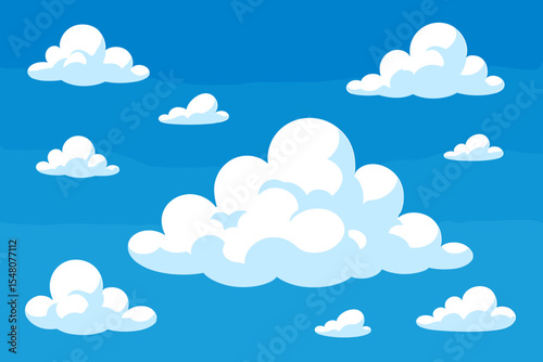 Cartoon sky with cute fluffy white clouds on a vibrant blue background. Vector illustration for a weather concept, kids design or summer day scene. Peaceful nature atmosphere backdrop.