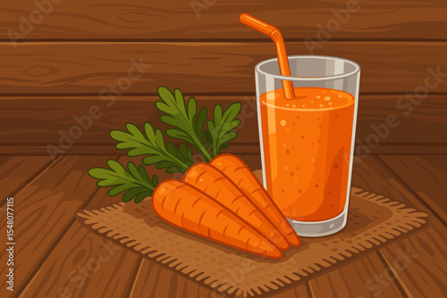 Fresh carrot juice in glass with a straw and raw carrots on a rustic burlap placemat. Healthy organic vegetable smoothie for a detox diet. Vector cartoon illustration on a wooden background.