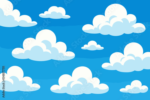 Cartoon blue sky background with fluffy white cumulus clouds. Seamless vector pattern of a bright sunny day. Cute weather and nature concept for children, comics, or game art.