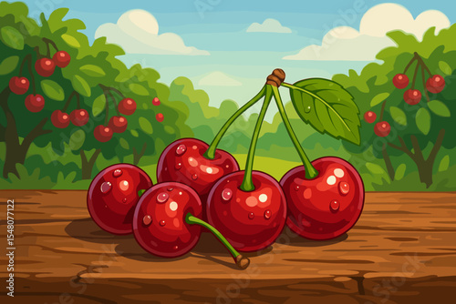 Fresh ripe red cherries with water drops on a rustic wooden table. Summer fruit harvest in an orchard garden background. Vector cartoon illustration of healthy organic food.