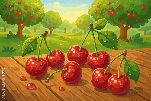 Fresh ripe cherries with morning dew on a rustic wooden table. Summer fruit harvest in a sunny orchard landscape. Cartoon vector illustration of healthy food and agriculture.