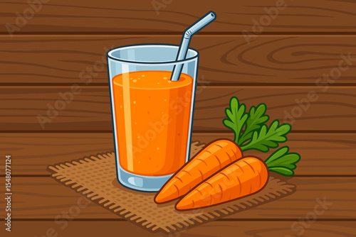 Fresh carrot juice in glass with straw. Healthy vegetable drink with carrots on rustic wooden table background. Organic natural beverage for detox diet. Vegan smoothie vector illustration.