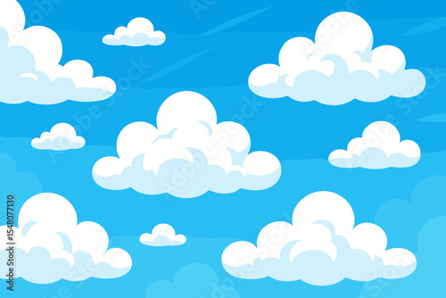Cartoon blue sky with fluffy white clouds background. Vector illustration of a sunny summer day. Beautiful clear weather scenery, peaceful nature landscape for kids backdrop or wallpaper.