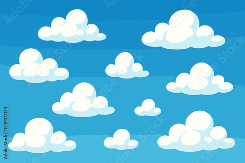 Fluffy white cartoon clouds on a vibrant blue sky background. Cute comic weather illustration set. Vector cloudscape elements for children's book, kids game, or nature backdrop.