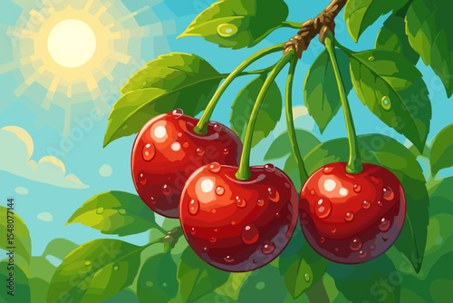 Fresh juicy cherries with glistening water droplets on a leafy branch. Summer sun shining in a blue sky. Concept for organic food, harvest, healthy lifestyle. Vector cartoon.