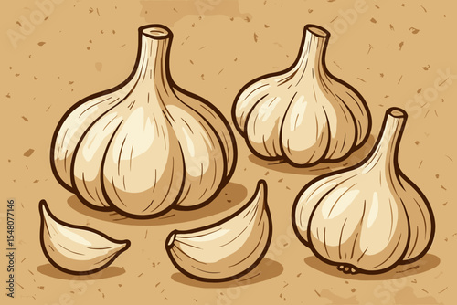 Fresh Garlic Bulbs and Cloves on Vintage Textured Paper Background. Organic Vegetable Illustration. Rustic Hand Drawn Vector. Natural Farm Produce, Culinary Ingredient, Healthy Food Concept