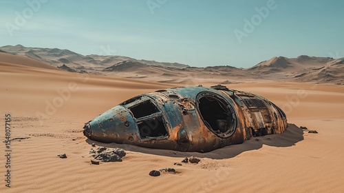 crashed spaceship in the desert, photo realistic