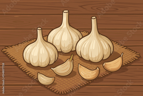 Fresh garlic bulbs and cloves cartoon vector illustration. Healthy organic vegetable food ingredient for cooking on rustic sack cloth. Aromatic spice seasoning on wooden table.