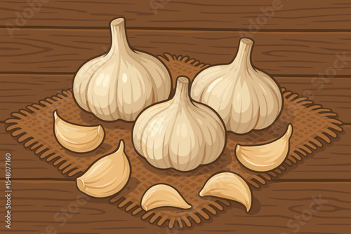 Fresh garlic bulbs and cloves on rustic sackcloth. Healthy organic vegetable and pungent spice for cooking. Cartoon vector illustration of aromatic seasoning on a wooden table.