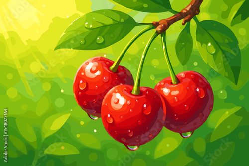 Vector illustration of fresh, organic fruit with water droplets glistening in the summer sun. Healthy eating and nature concept on a vibrant green background with sunbeams.