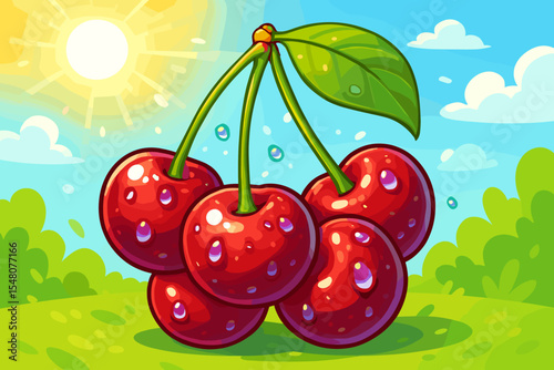 Fresh ripe cherries with water drops glistening in the summer sun. Juicy red fruit cartoon vector illustration. Sunny landscape with green grass, bushes, and a clear blue sky.