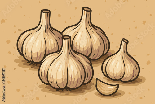 Hand Drawn Garlic Bulbs and Clove Vector Illustration on Vintage Textured Paper Background, Organic Food Ingredient, Healthy Culinary Herb, Farm Fresh Vegetable Clipart, Rustic Style Artwork