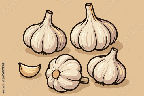 Cartoon vector garlic bulbs and single clove on vintage textured paper background. Fresh organic vegetable illustration. Natural food, healthy cooking. Rustic kitchen decor, farm market design.