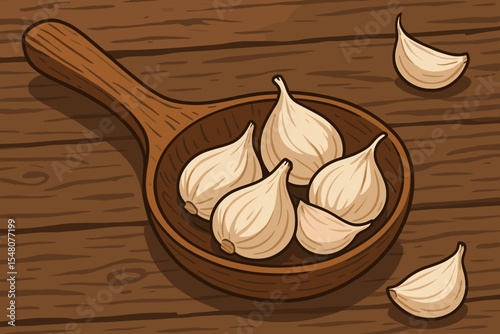 Fresh garlic cloves and bulbs in a rustic wooden spoon on a wood table background. Vector cartoon illustration of organic seasoning ingredient for cooking. Healthy food, culinary concept.