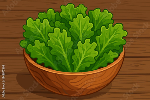 Fresh green lettuce leaves in a wooden bowl on a rustic wooden background. Vector illustration of a healthy salad ingredient. Concept for organic food, vegetarian diet, and vegan lifestyle.
