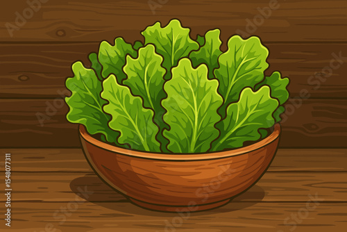 Fresh lettuce leaves in a wooden bowl on rustic wood background. Healthy eating concept with organic greens for a vegetarian or vegan diet. Farm fresh salad vector cartoon illustration.