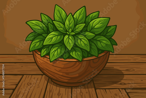 Fresh organic basil leaves in a wooden bowl on a rustic table. Vector cartoon illustration of a culinary herb. Concept for healthy eating, gardening, and natural ingredients.