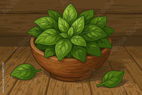 Fresh organic basil leaves in a wooden bowl on a rustic table. Aromatic culinary herb for healthy eating. Ingredient for Italian cuisine, cooking, and pesto. Vector illustration.